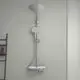 Duschsystem an Wand montiert, bestehend aus einer großen Kopfbrause und einer Handbrause, mit Bedienelementen. Ideal Standard-Design, funktionale Ablage vorhanden.